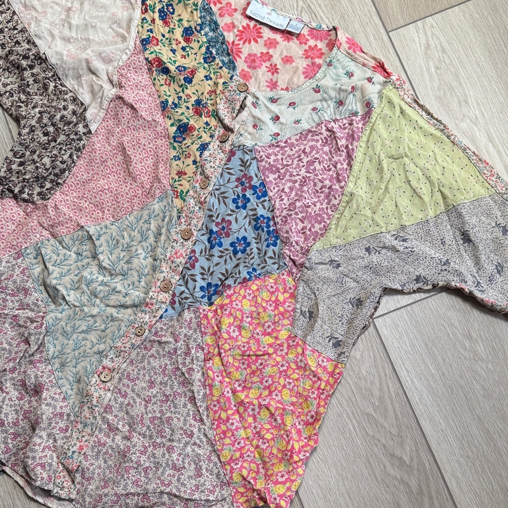 Sacred Threads Patchwork Bohemian Button Front To… - image 1